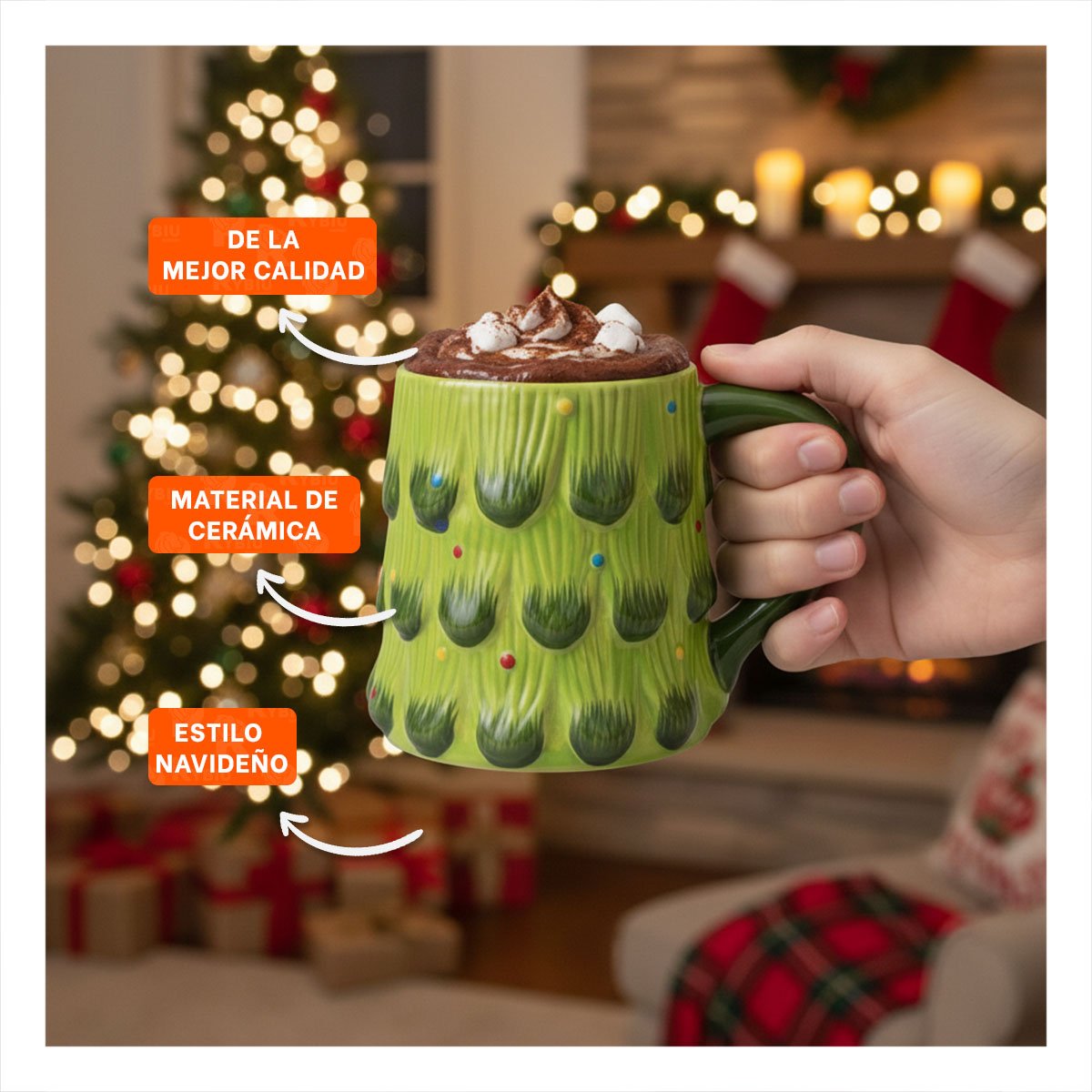 TAZA PINO ARBOL CAPACIDAD 400ML COLOR VERDE PARA BEBIDA INVIERNO Y COCINA YREGALO STICKER - 5