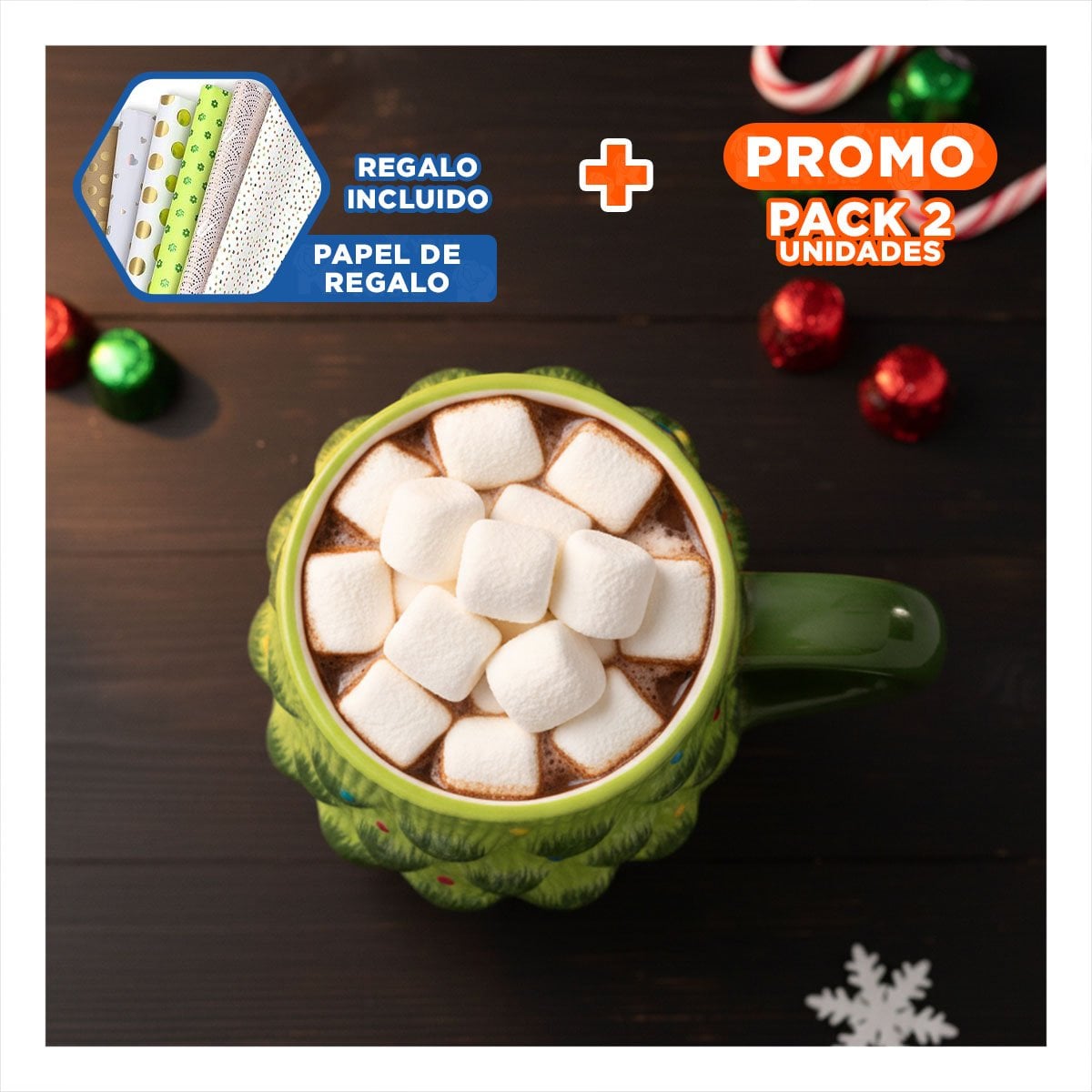 PACK2 TAZA CAPACIDAD 400ML ARBOL PINO COLOR VERDE FESTIVA PARA BEBIDA COMEDOR YPAPEL REGALO - 1