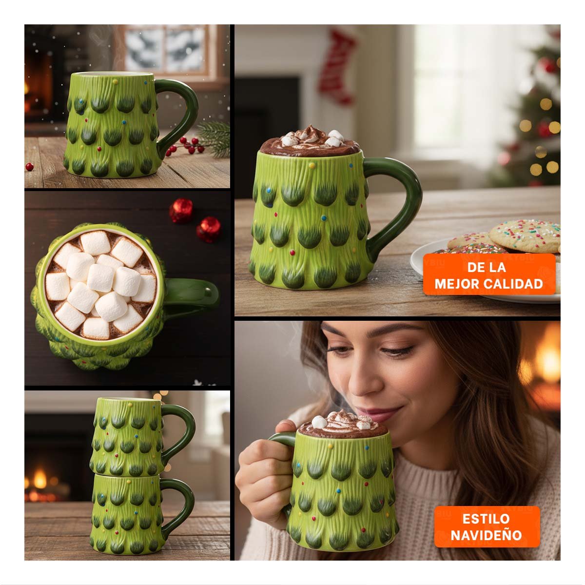 PACK2 TAZA CAPACIDAD 400ML ARBOL PINO COLOR VERDE FESTIVA PARA BEBIDA COMEDOR YPAPEL REGALO - 3