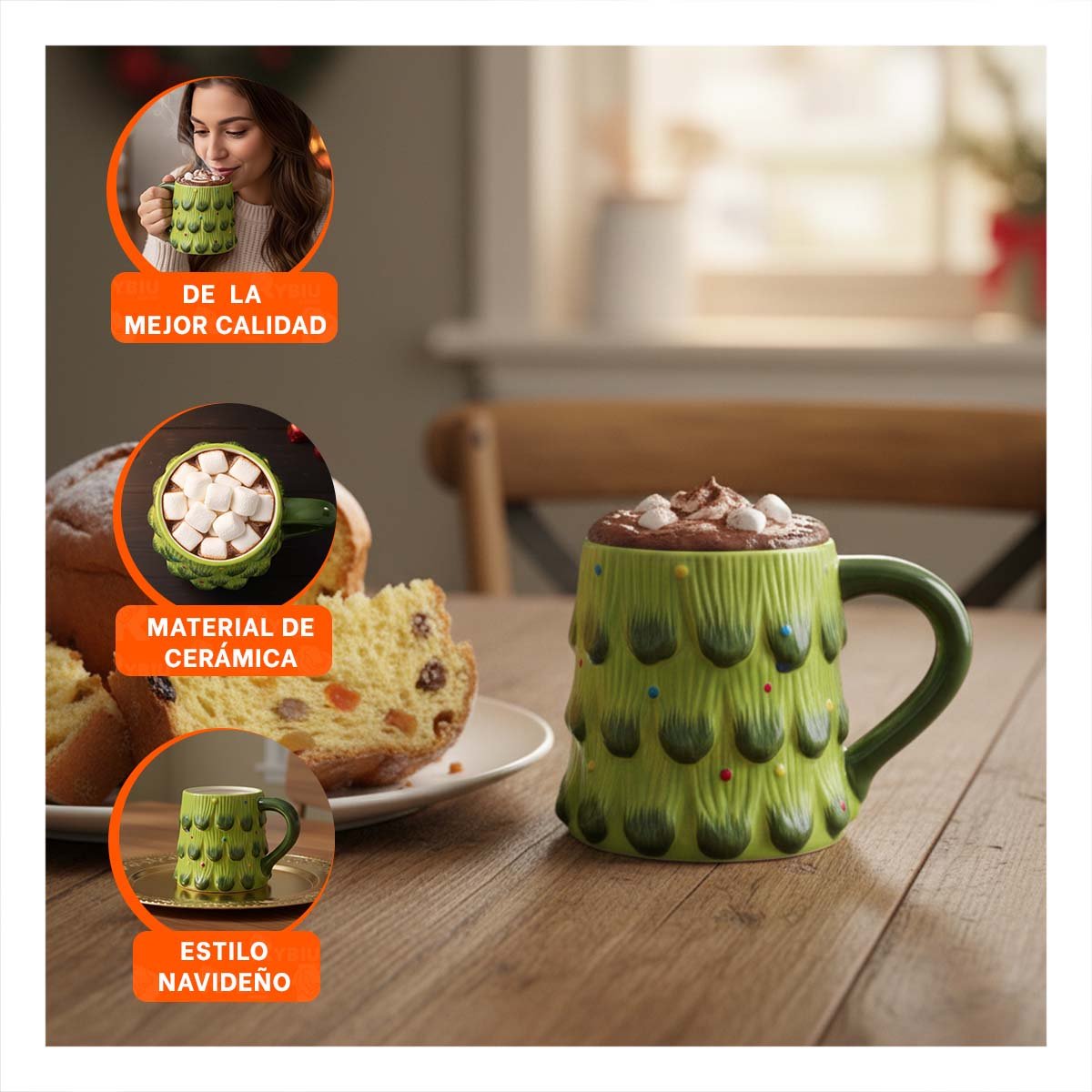 PACK2 TAZA CAPACIDAD 400ML ARBOL PINO COLOR VERDE FESTIVA PARA BEBIDA COMEDOR YPAPEL REGALO - 5