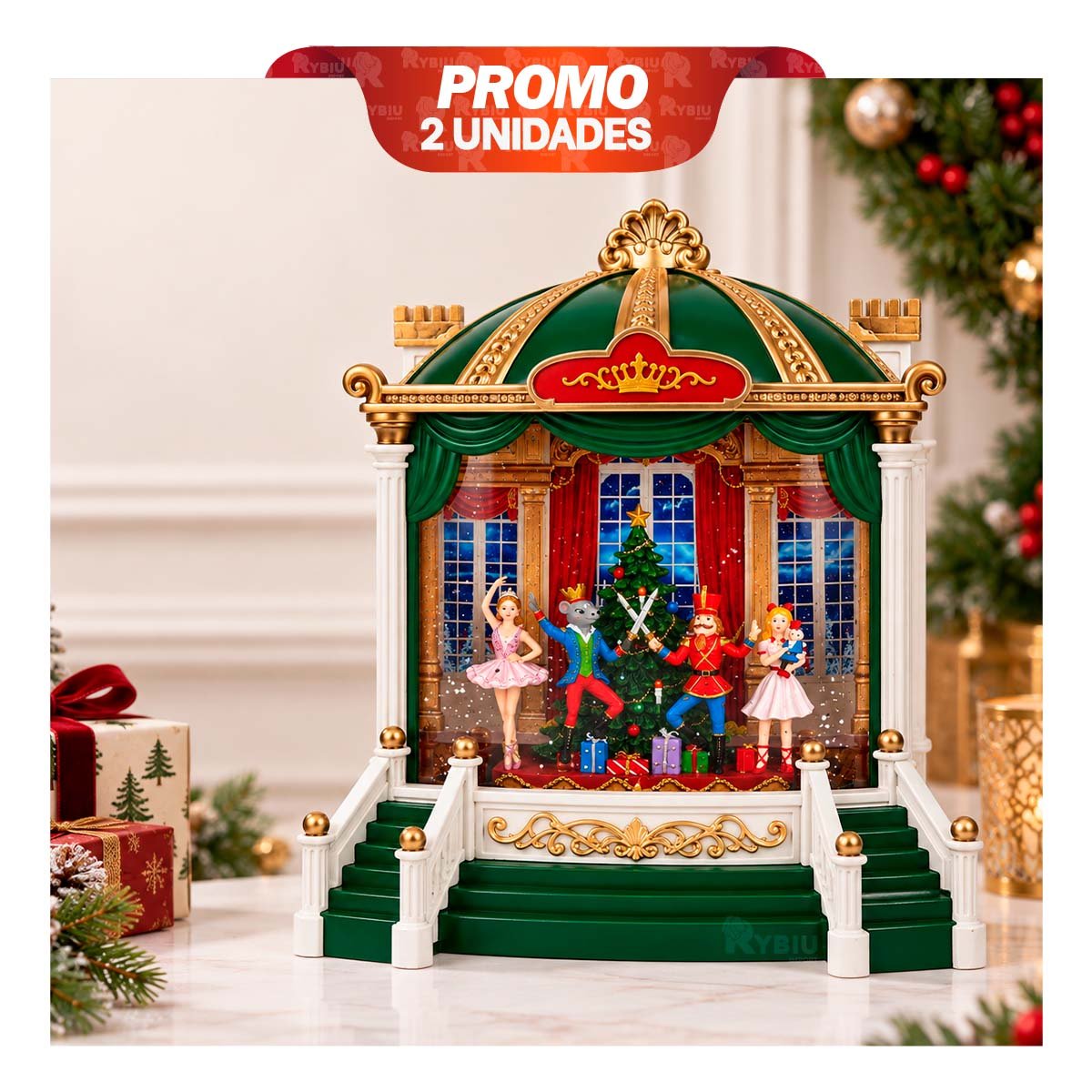 PACK2 MINIATURA TEATRO BALLET CON ESCENARIO CASCANUEZ VERDE 21,5X24CM PARA CELEBRACION - 1