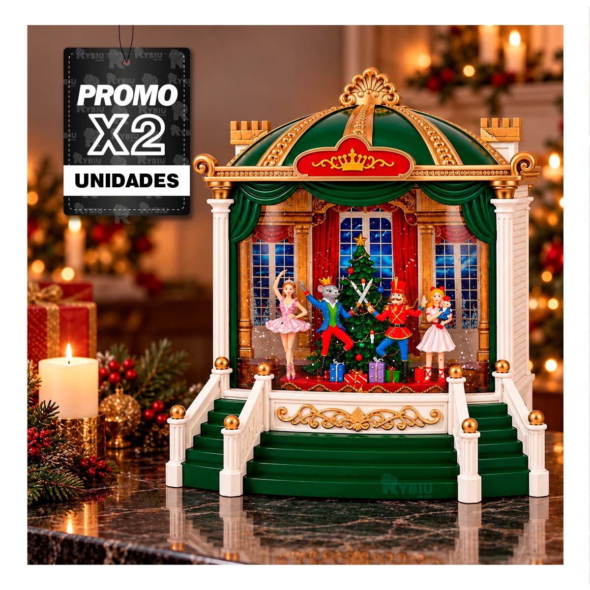 PACK2 MAQUETA TEATRO CON ESCENARIO BALLET CASCANUEZ VERDE 21,5X24CM DECORACION YREGALO STICKER - 1