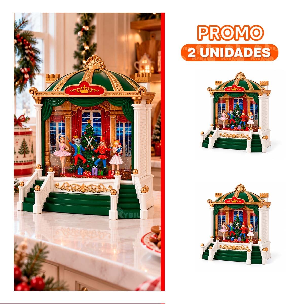 PACK2 DIORAMA ESCENARIO CON BALLET TEATRO CASCANUEZ VERDE 21,5X24CM PARA NAVIDAD YPAPEL REGALO - 1