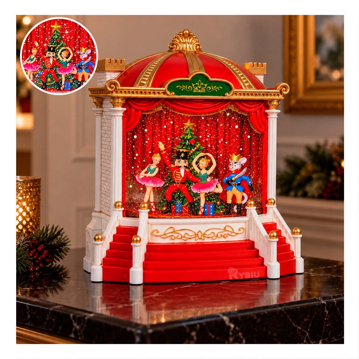 MAQUETA TEATRO BALLET ESCENARIO CON CASCANUEZ ROJO 21,5X24CM PARA DECORACION YPAPEL REGALO - 1
