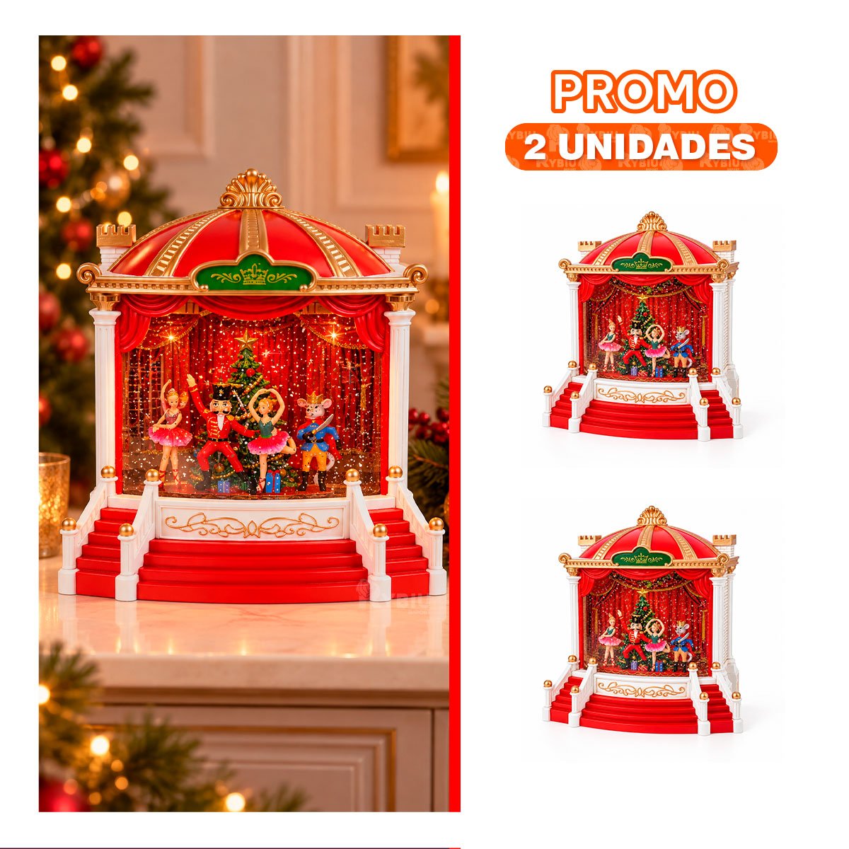 PACK2 MINIATURA TEATRO BALLET CON ESCENARIO CASCANUEZ ROJO 21,5X24CM PARA CELEBRACION - 1
