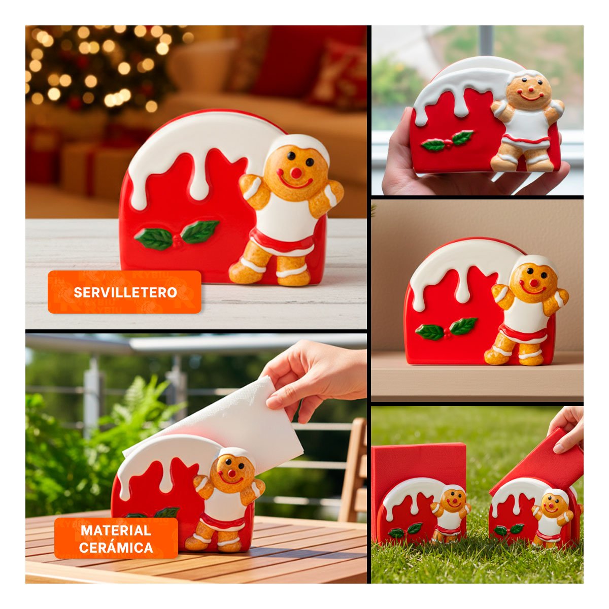 SERVILLETERO BLANCO Y ROJO CON JENGIBRE Y NIEVE DERRETIDA MESA NAVIDEÑA YPAPEL REGALO - 5