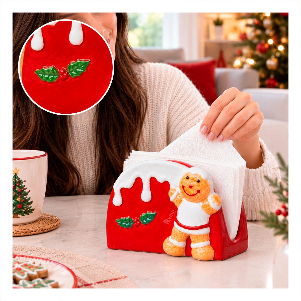 PORTA SERVILLETAS BLANCO Y ROJO CON JENGIBRE Y NIEVE DERRETIDA PARA CENA YREGALO STICKER - 1