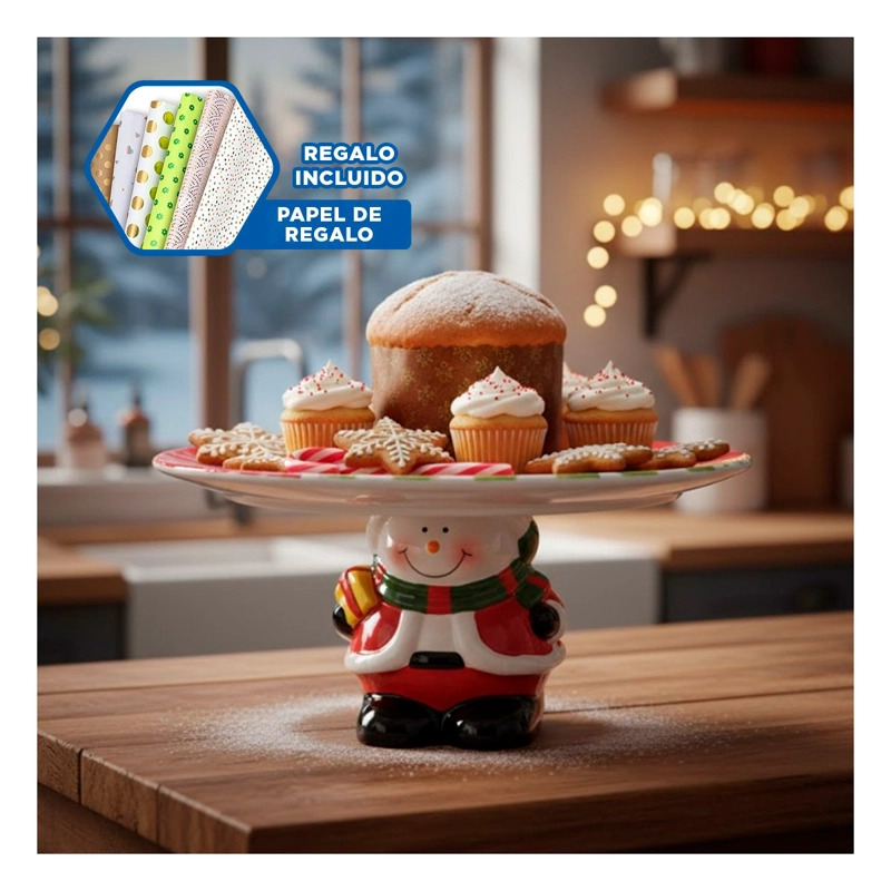 PORTA TORTA NAVIDAD CON MUÑECO DE NIEVE SOSTENIENDO EL PLATO PARA HOGAR ROJO Y+PAPEL REGALO - 1