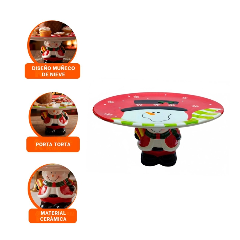 PORTA TORTA NAVIDAD CON MUÑECO DE NIEVE SOSTENIENDO EL PLATO PARA HOGAR ROJO Y+PAPEL REGALO - 2