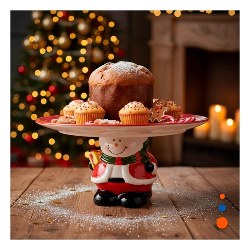 PORTA TORTA NAVIDAD CON MUÑECO DE NIEVE SOSTENIENDO EL PLATO PARA HOGAR ROJO Y+PAPEL REGALO - 3