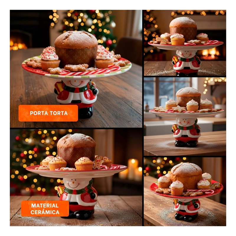 PORTA TORTA NAVIDAD CON MUÑECO DE NIEVE SOSTENIENDO EL PLATO PARA HOGAR ROJO Y+PAPEL REGALO - 5