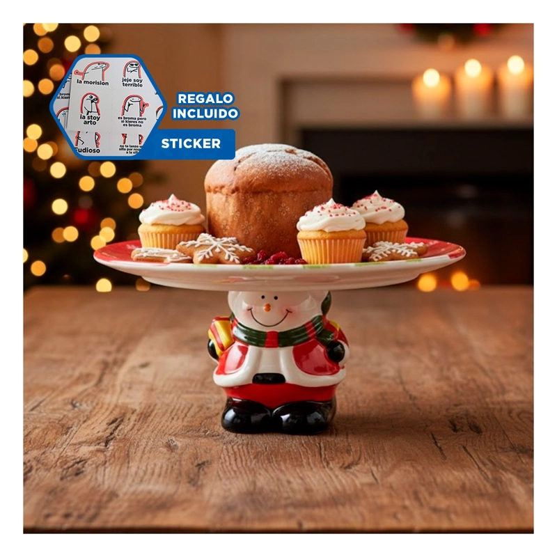 PORTA TORTA DECORATIVO CON MUÑECO DE NIEVE SOSTENIENDO EL PLATO PARA MESAS ROJ Y+REGALO STICKER - 1