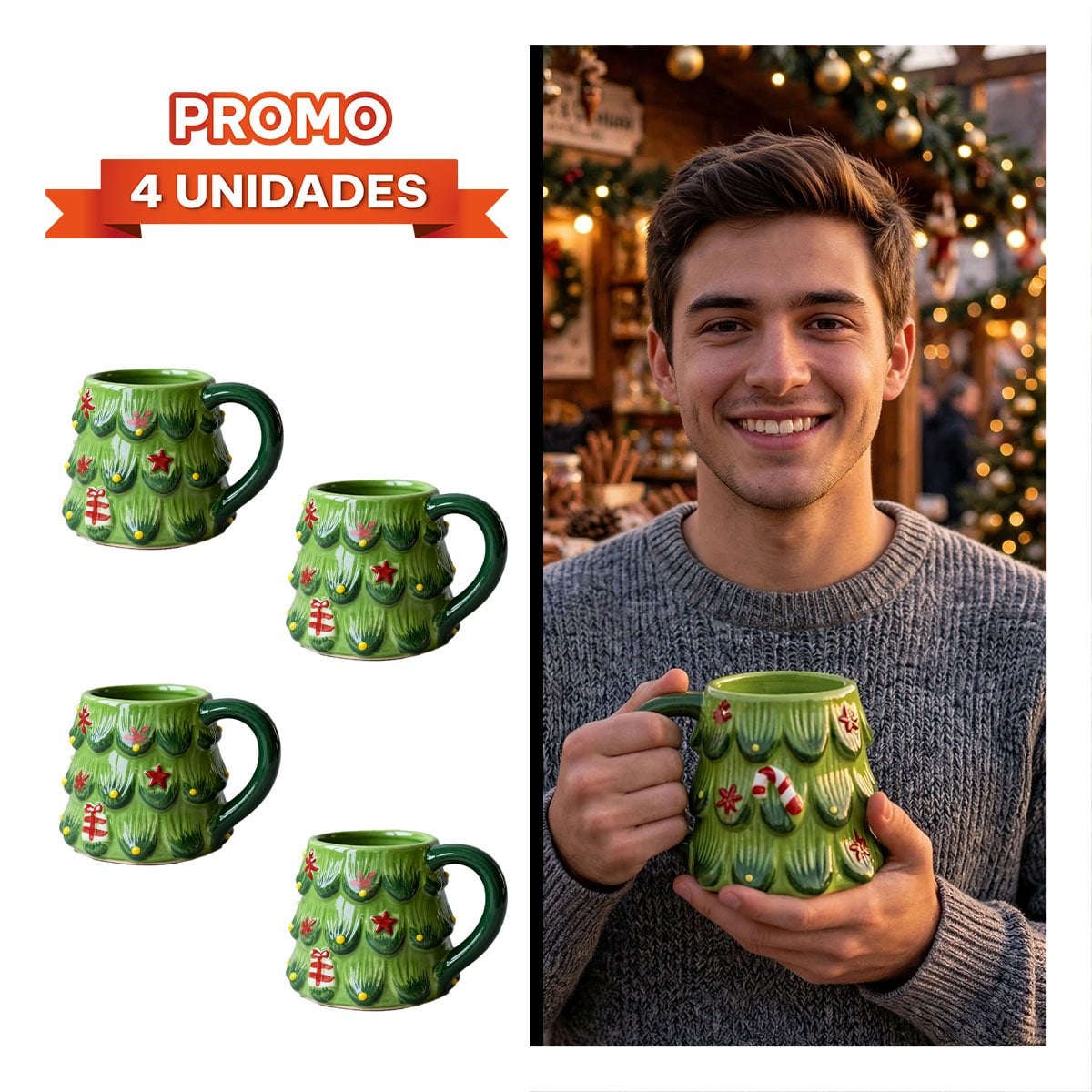 PACK4 TAZA 300ML ARBOL PINO VERDE DECORATIVO PARA BEBIDAS CALIENTES - 1