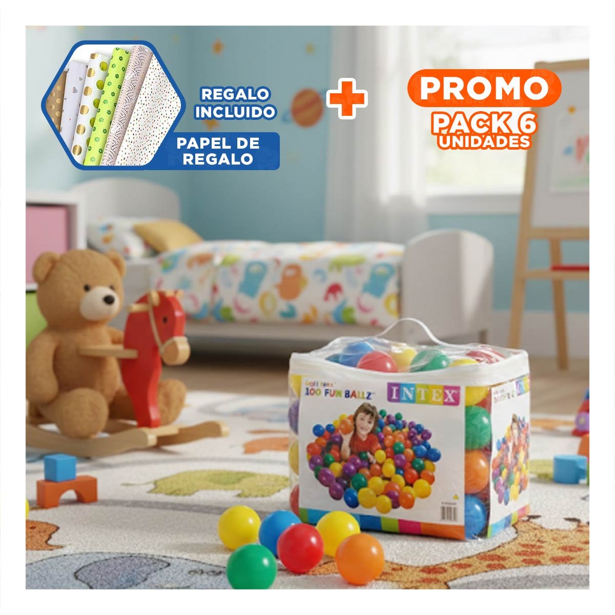 PACK6 CONTENEDOR 100 PELOTAS 8CM INTEX MULTICOLOR PARA ACTIVIDADES EN PISCINA Y+PAPEL REGALO - 1