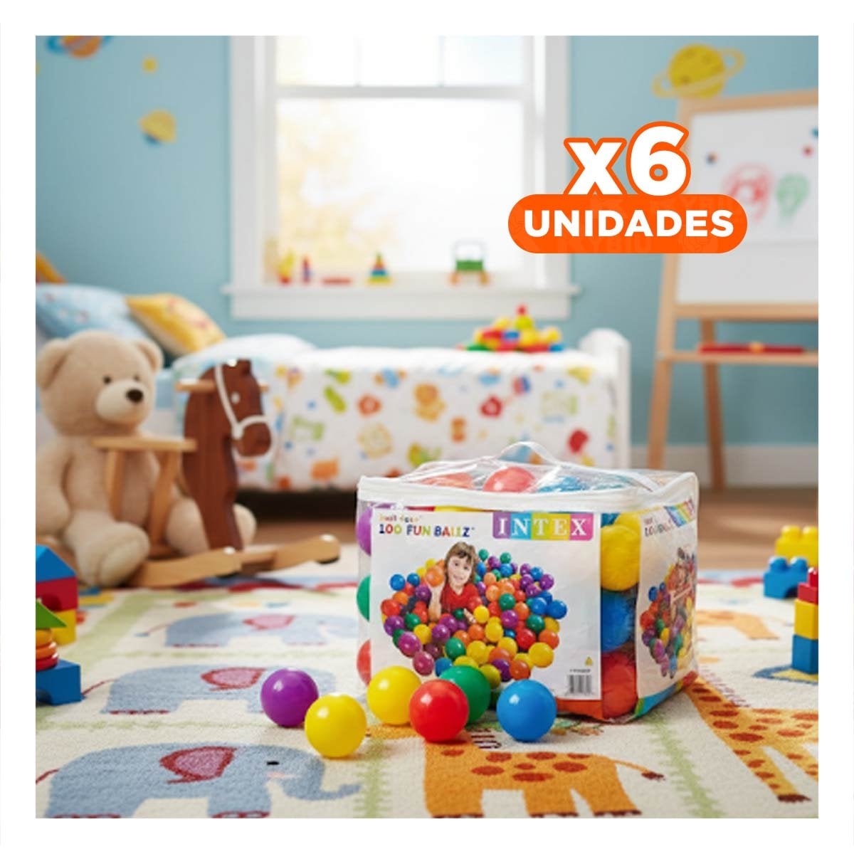 PACK6 JUEGO 100 PELOTAS 8CM INTEX MULTICOLOR PARA DIVERSION EN ESPACIOS Y+REGALO STICKER - 1