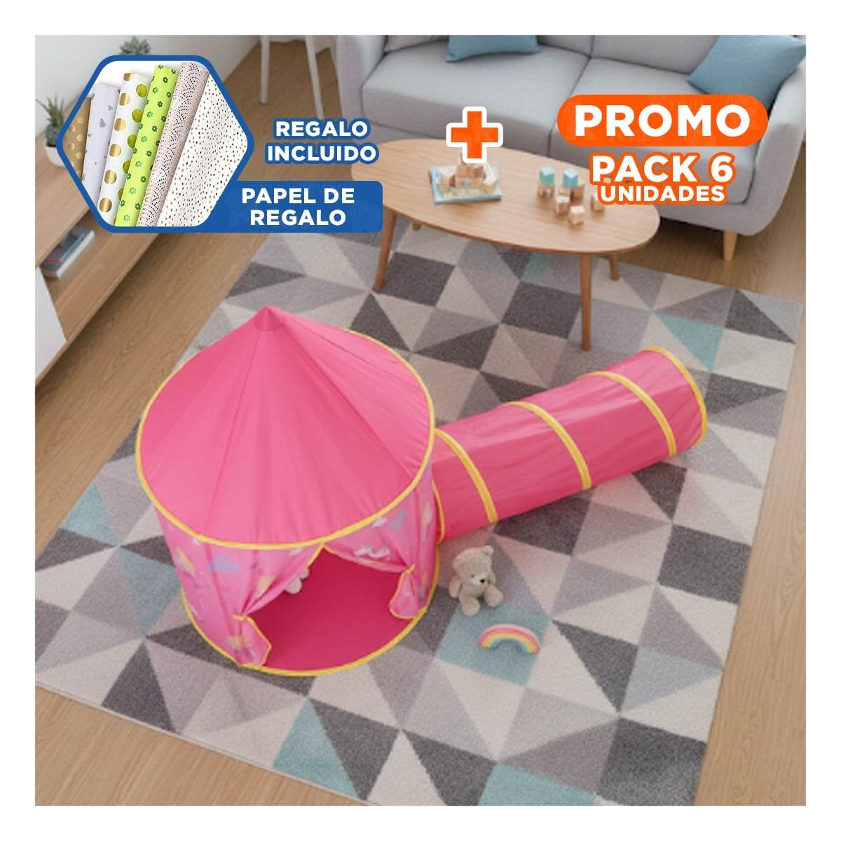 PACK6 KIT DE 2 PIEZAS DE CARPA INFANTIL ROSADO PARA DIVERSION Y+PAPEL REGALO - 1