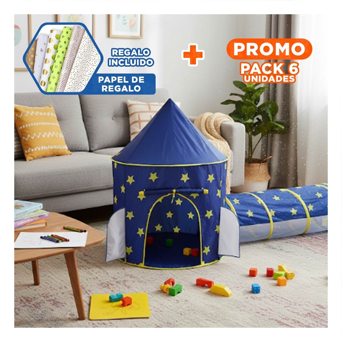 PACK6 CONJUNTO DE 2 PIEZAS DE CARPA INFANTIL AZUL PARA CASA Y+PAPEL REGALO - 1