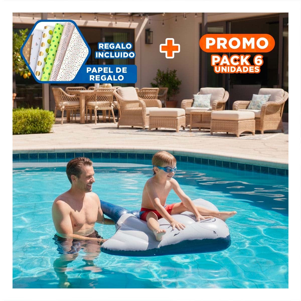 PACK6 ACCESORIO INFLABLE PARA PISCINA CON ESTETICA OCEANICA Y+PAPEL REGALO - 1
