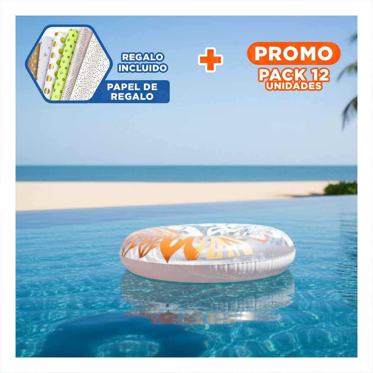 PACK12 RUEDA INFLABLE ANARANJADA DE 91 CM CON DISENO NATURAL DE FLORES Y ALGAS Y+PAPEL REGALO - 1