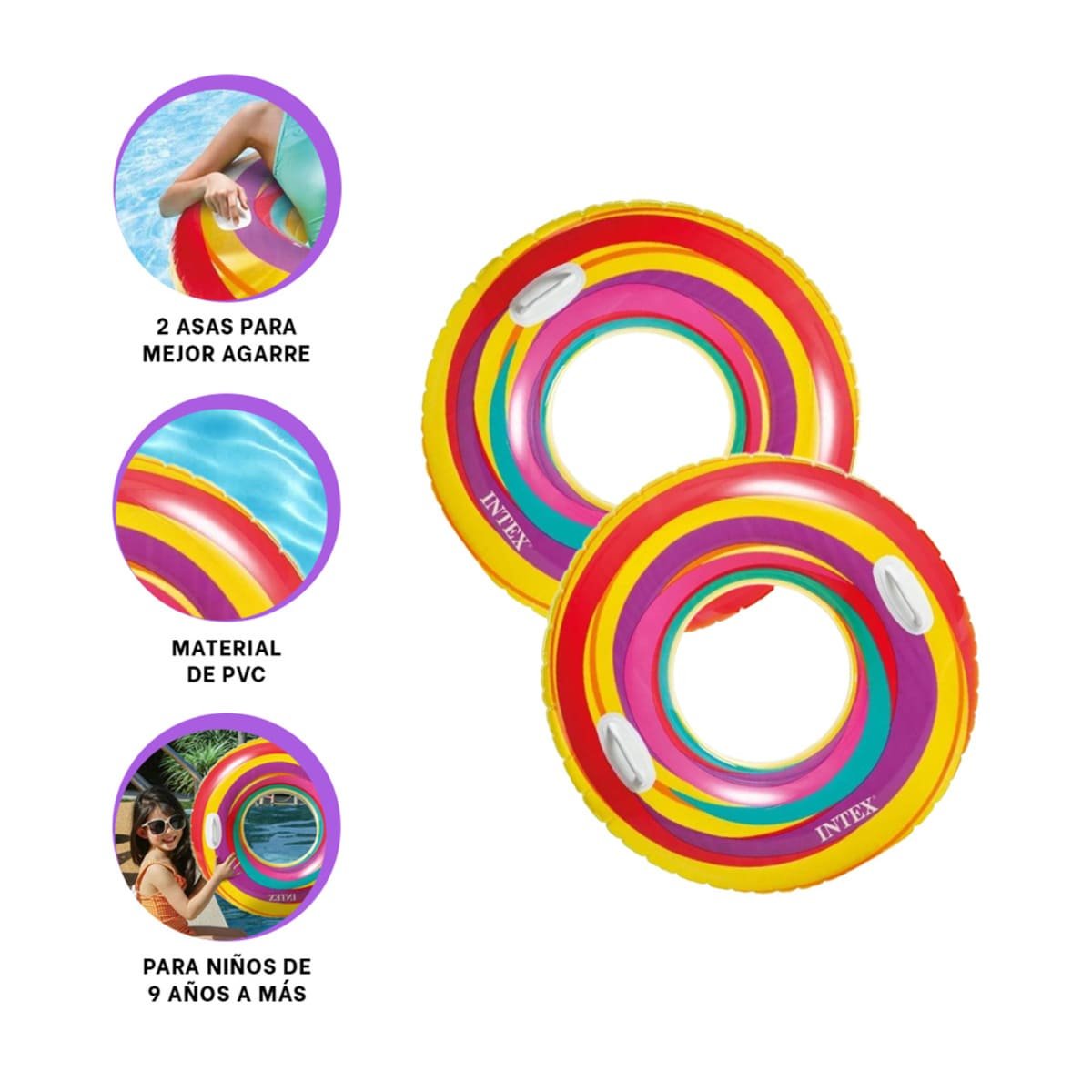 PACK6 FLOTADOR CIRCULAR ARCOIRIS MORADO DE 91 CM PARA VERANO EN CASA Y+REGALO STICKER - 2