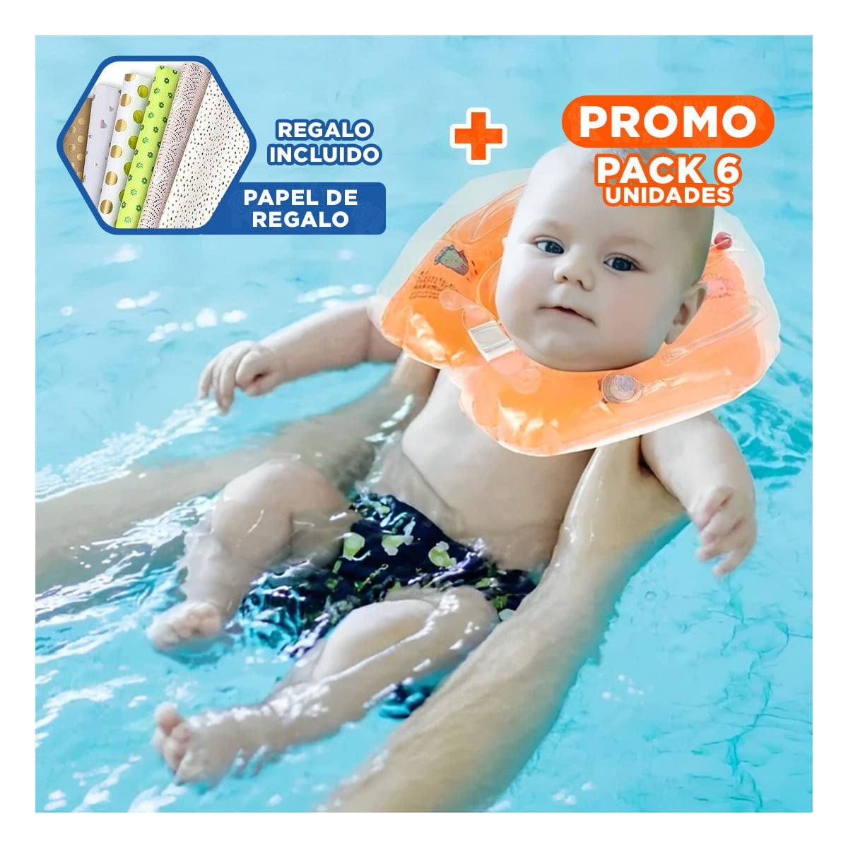 PACK6 FLOTADOR DE PISCINA PARA BEBE ANARANJADO TIPO CUELLO 66 X 44 CM Y+PAPEL REGALO - 1