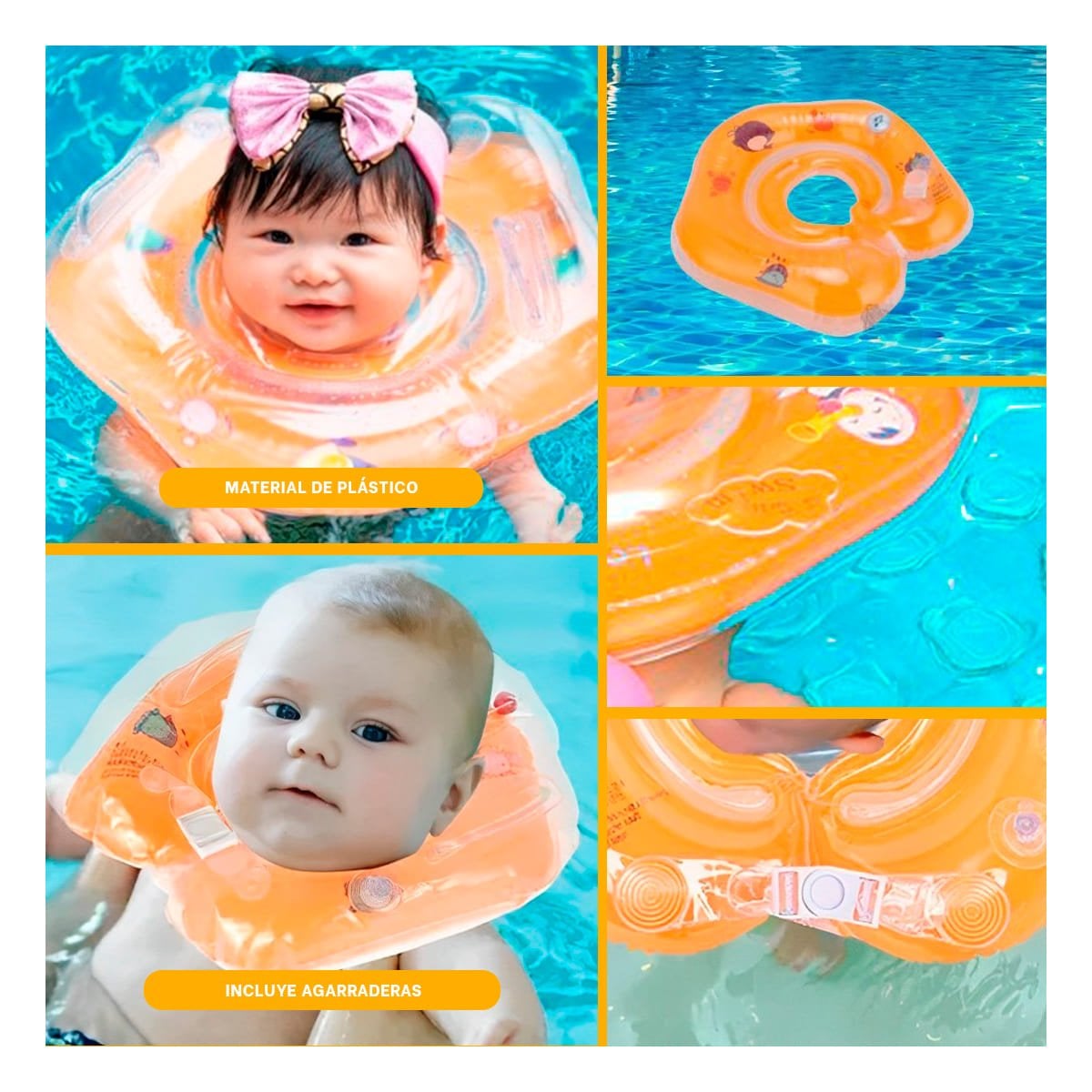 PACK6 FLOTADOR DE PISCINA PARA BEBE ANARANJADO TIPO CUELLO 66 X 44 CM Y+PAPEL REGALO - 3