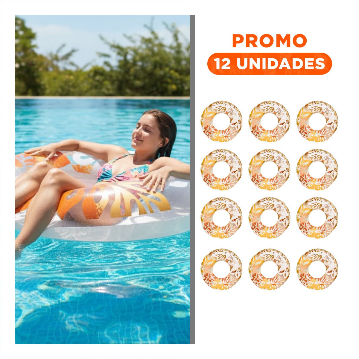 PACK12 FLOTADOR CIRCULAR ANARANJADO DE 91 CM CON GRAFICOS FLORALES MARINOS Y+REGALO STICKER - 1