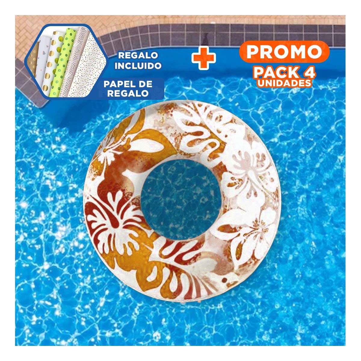 PACK4 ARO FLOTANTE ANARANJADO DE 91 CM CON DETALLES FLORALES PARA PISCINA Y+PAPEL REGALO - 1