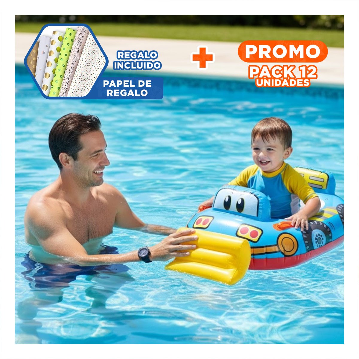 PACK12 FLOTADOR INFANTIL CON FORMA DE TRACTOR CELESTE PARA JUEGOS EN AGUA Y+PAPEL REGALO - 1