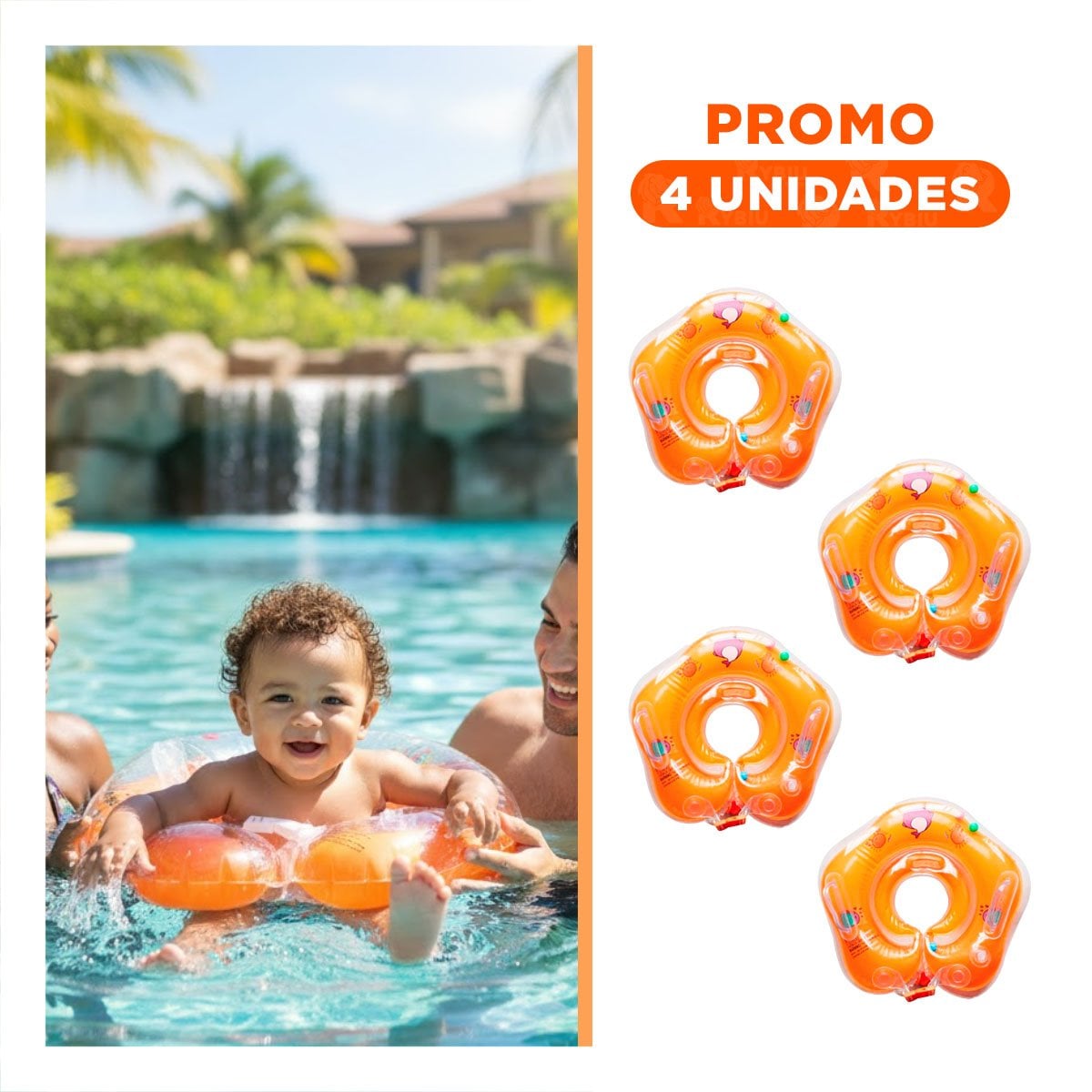 PACK4 FLOTADOR ANARANJADO PARA BEBE CON SOPORTE DE CUELLO 66 X 44 CM Y+REGALO STICKER - 1
