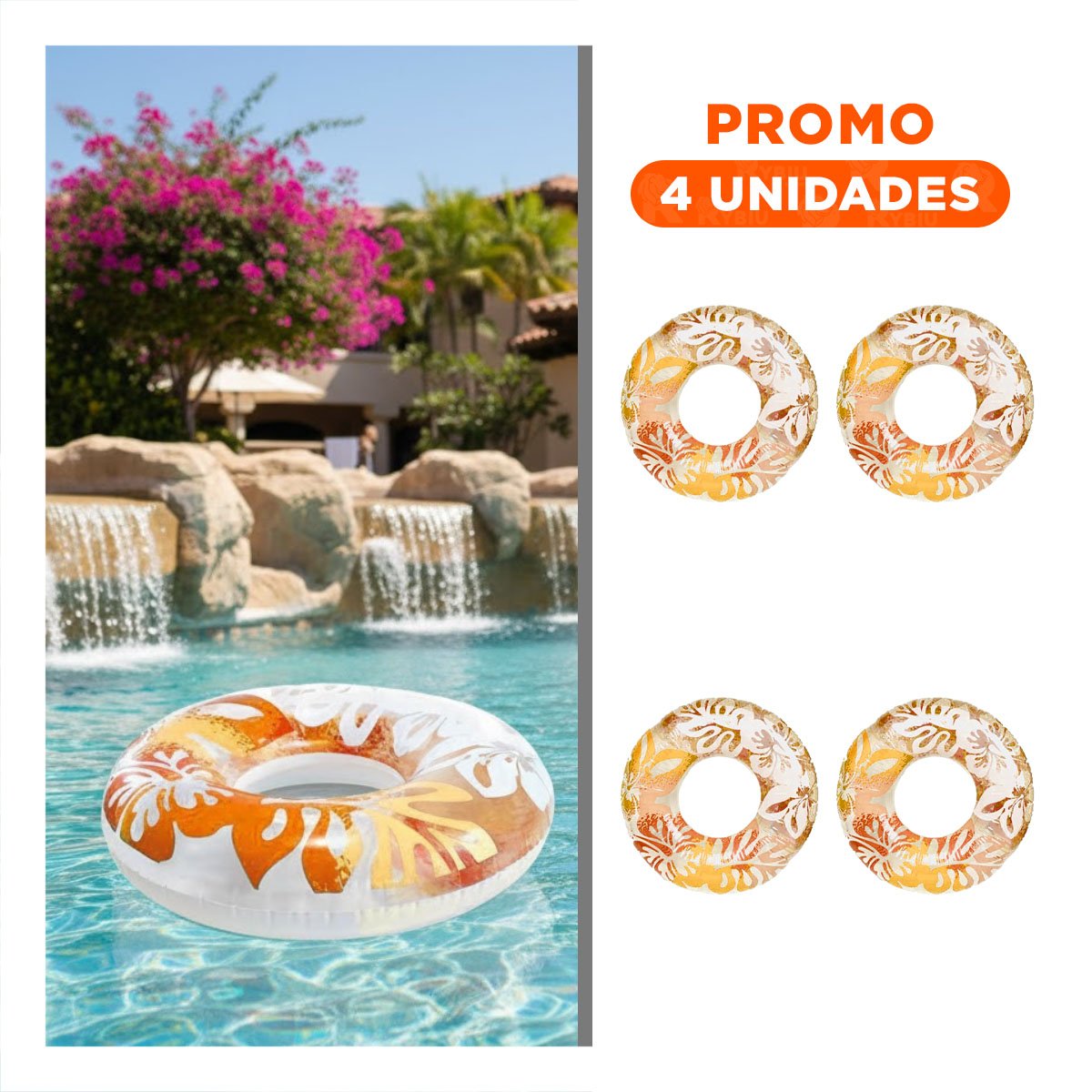 PACK4 FLOTADOR TIPO ARO ANARANJADO DE 91 CM CON DISENO DE FLORES ACUATICAS Y+REGALO STICKER - 1