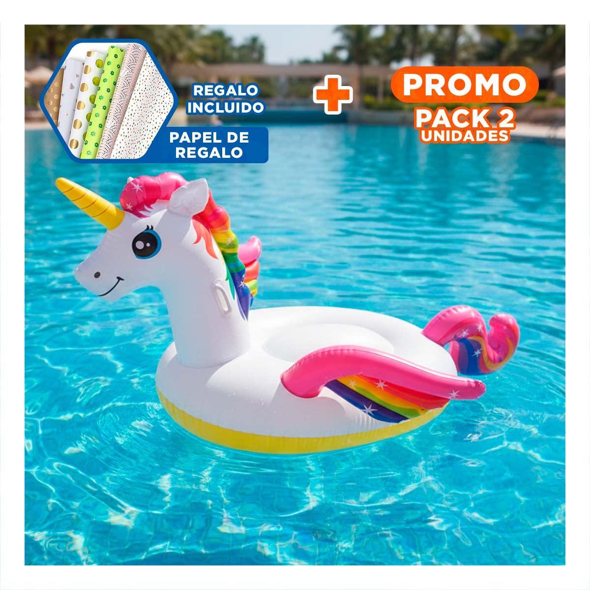 PACK2 ACCESORIO FLOTANTE DECORATIVO PARA PISCINA CON FORMA DE UNICORNIO Y+PAPEL REGALO - 1