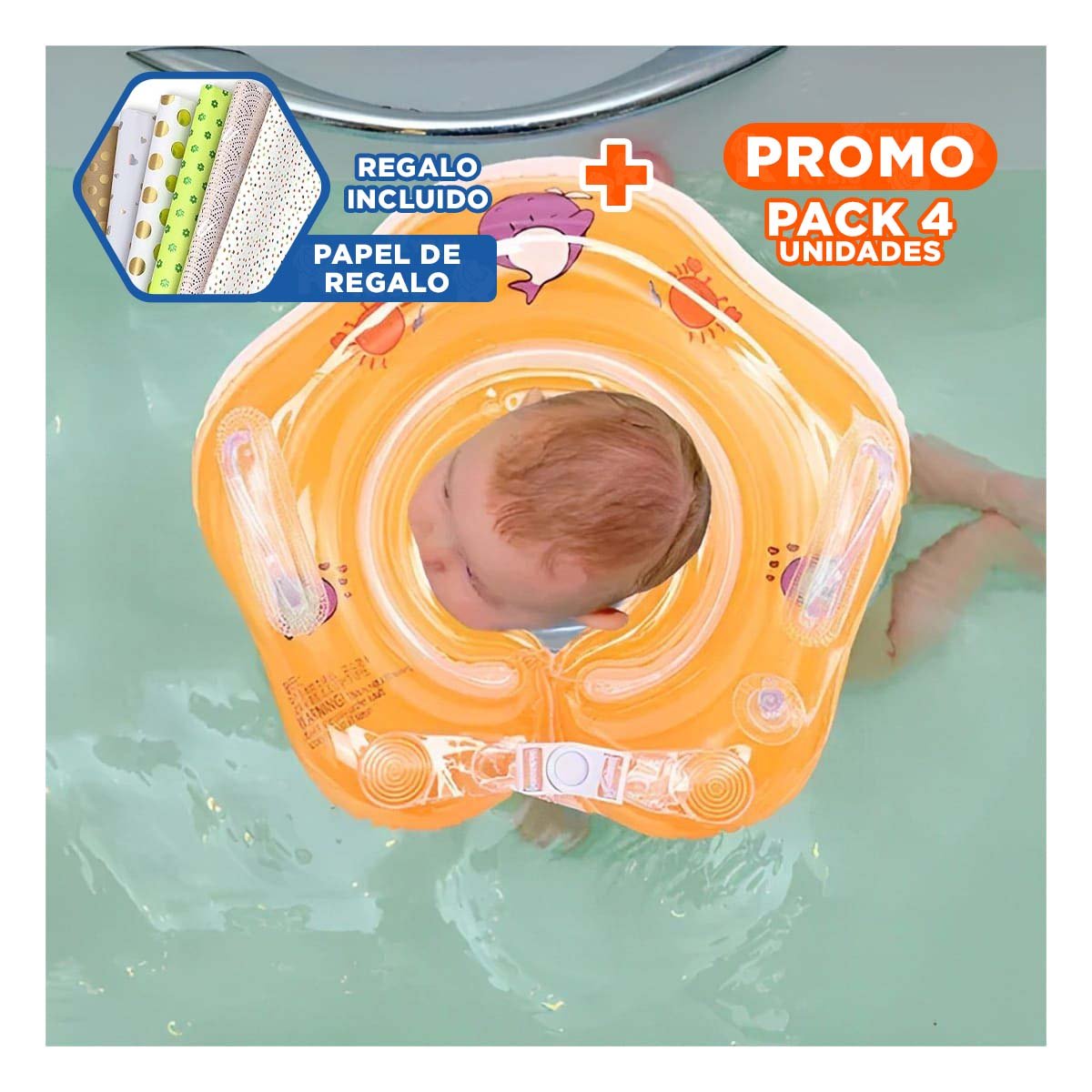 PACK4 COLLAR DE AGUA ANARANJADO PARA BEBE DE 66 X 44 CM PARA PISCINA Y+PAPEL REGALO - 1