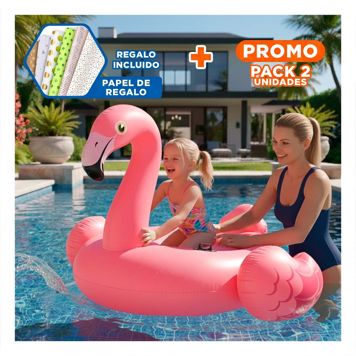PACK2 FLOTADOR PARA AGUA CON DISENO TROPICAL DE FLAMENCO MEDIANO Y+PAPEL REGALO - 1