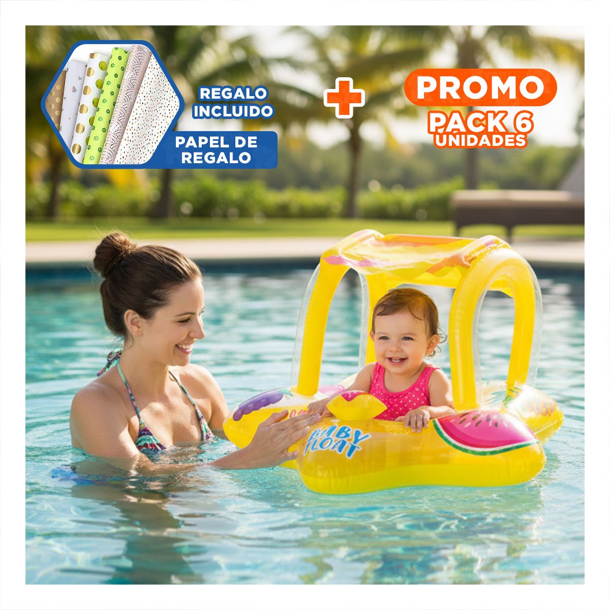 PACK6 BOYA SEGURA AMARILLO FLOTADOR INFLABLE PARA NIÑOS PISCINA DIVERTIDO Y+PAPEL REGALO - 1