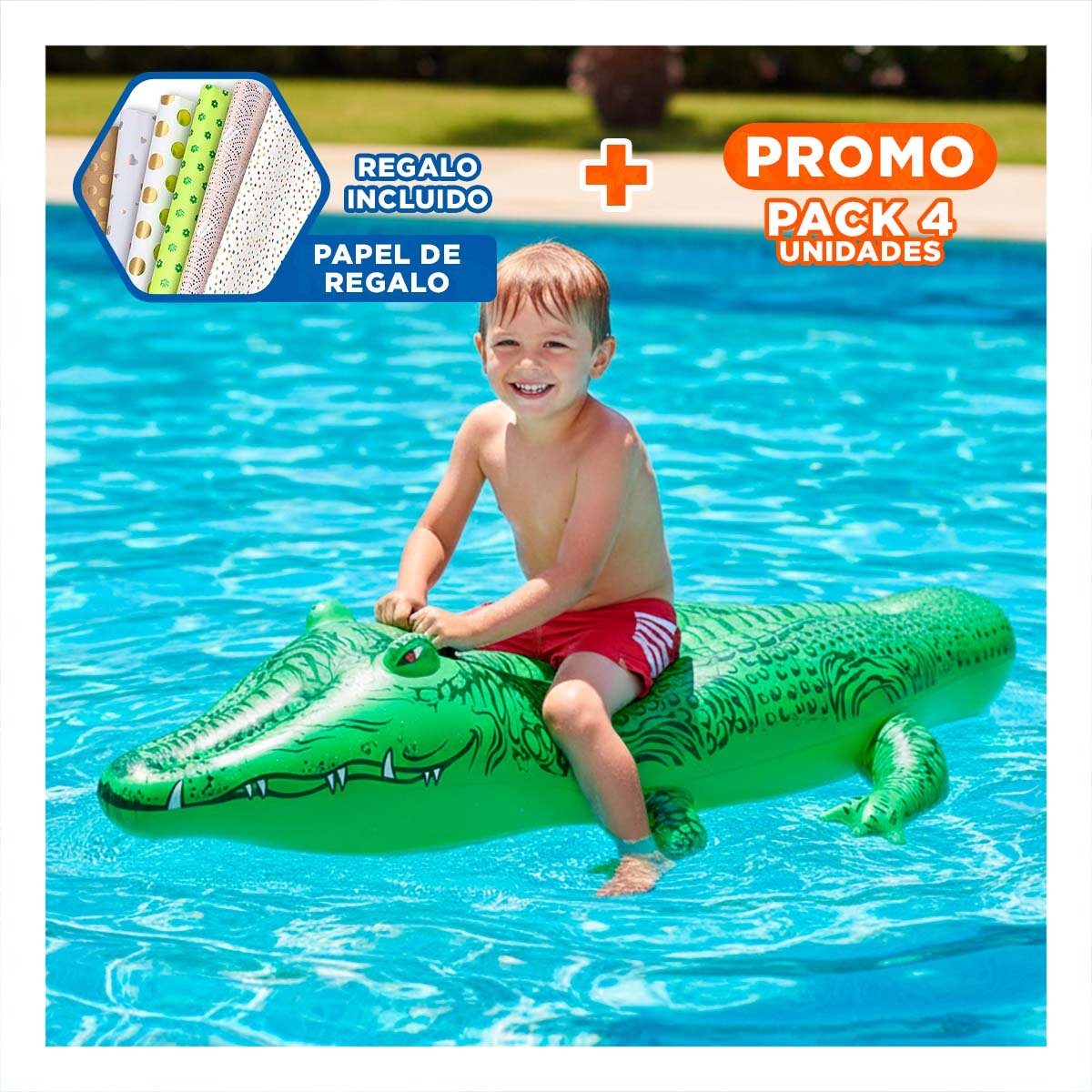 PACK4 ELEMENTO FLOTANTE RECREATIVO PARA EXTERIOR CON FIGURA DE COCODRILO Y+PAPEL REGALO - 1