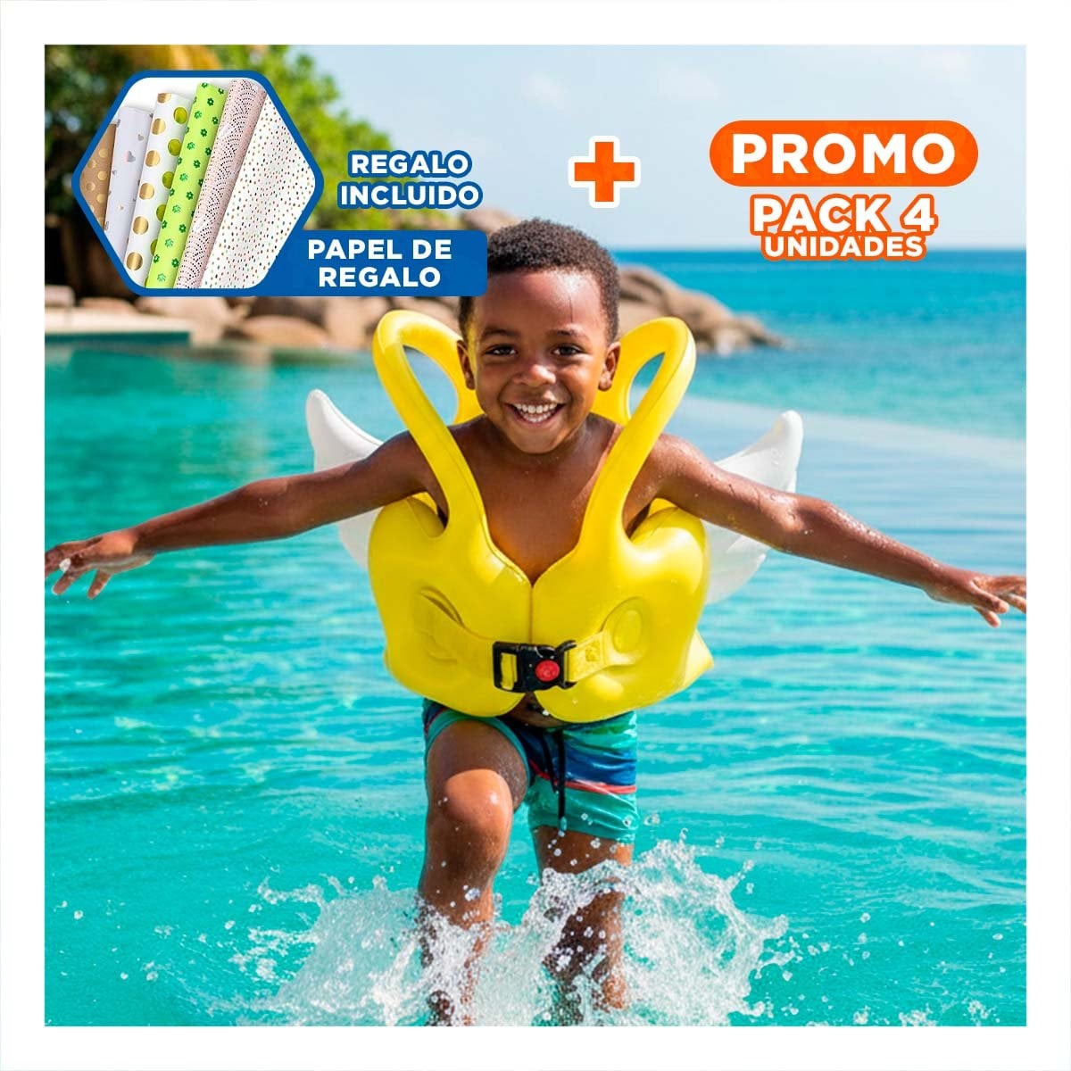 PACK4 SALVAVIDAS CON ALAS AMARILLO SEGURO Y DIVERTIDO PARA NIÑOS EN PISCINA Y+PAPEL REGALO - 1