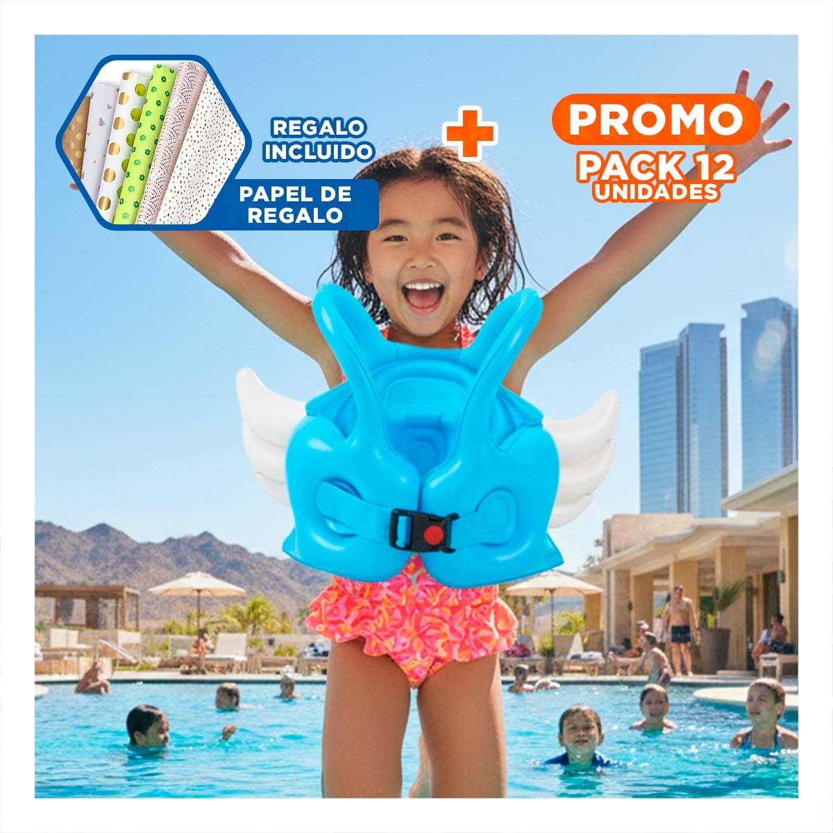 PACK12 FLOTADOR CON ALAS AZUL CLARO DIVERTIDO Y LUDICO PARA PISCINA INFANTIL Y+PAPEL REGALO - 1