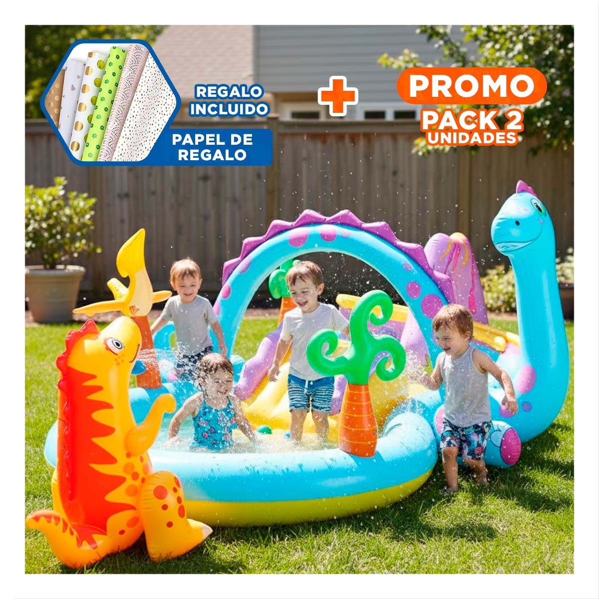 PACK2 PARQUE DE JUEGO INTEX 57135NP 333X229X112 CM DINOSAURIO PARA DIVERSION Y+PAPEL REGALO - 1