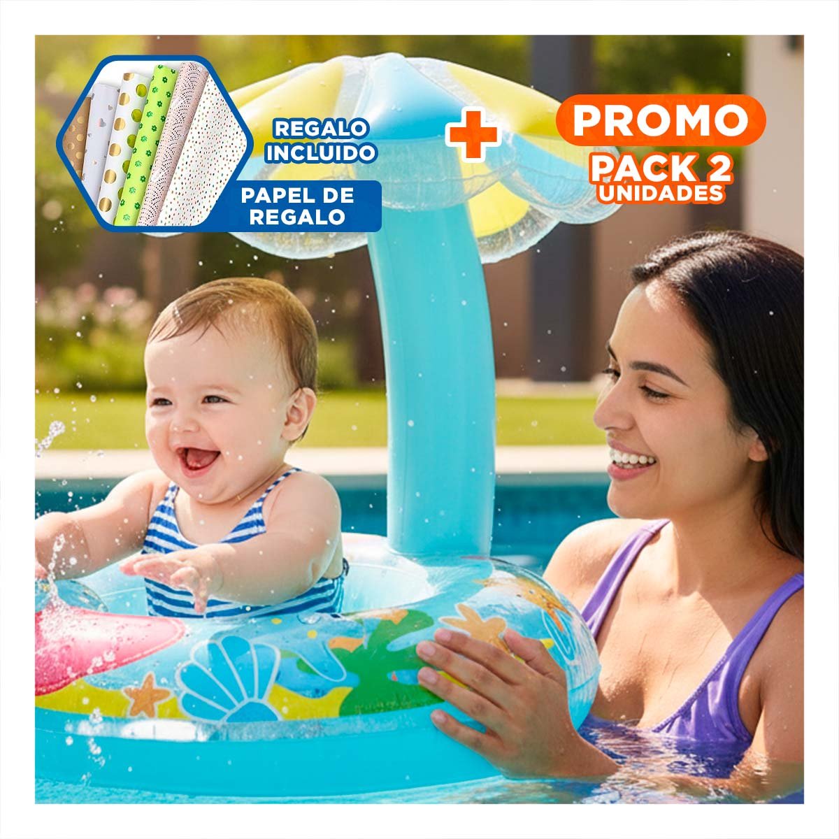 PACK2 FLOTADOR FLOR CELESTE RESISTENTE Y DIVERTIDO PARA JUEGOS ACUATICOS Y+PAPEL REGALO - 1
