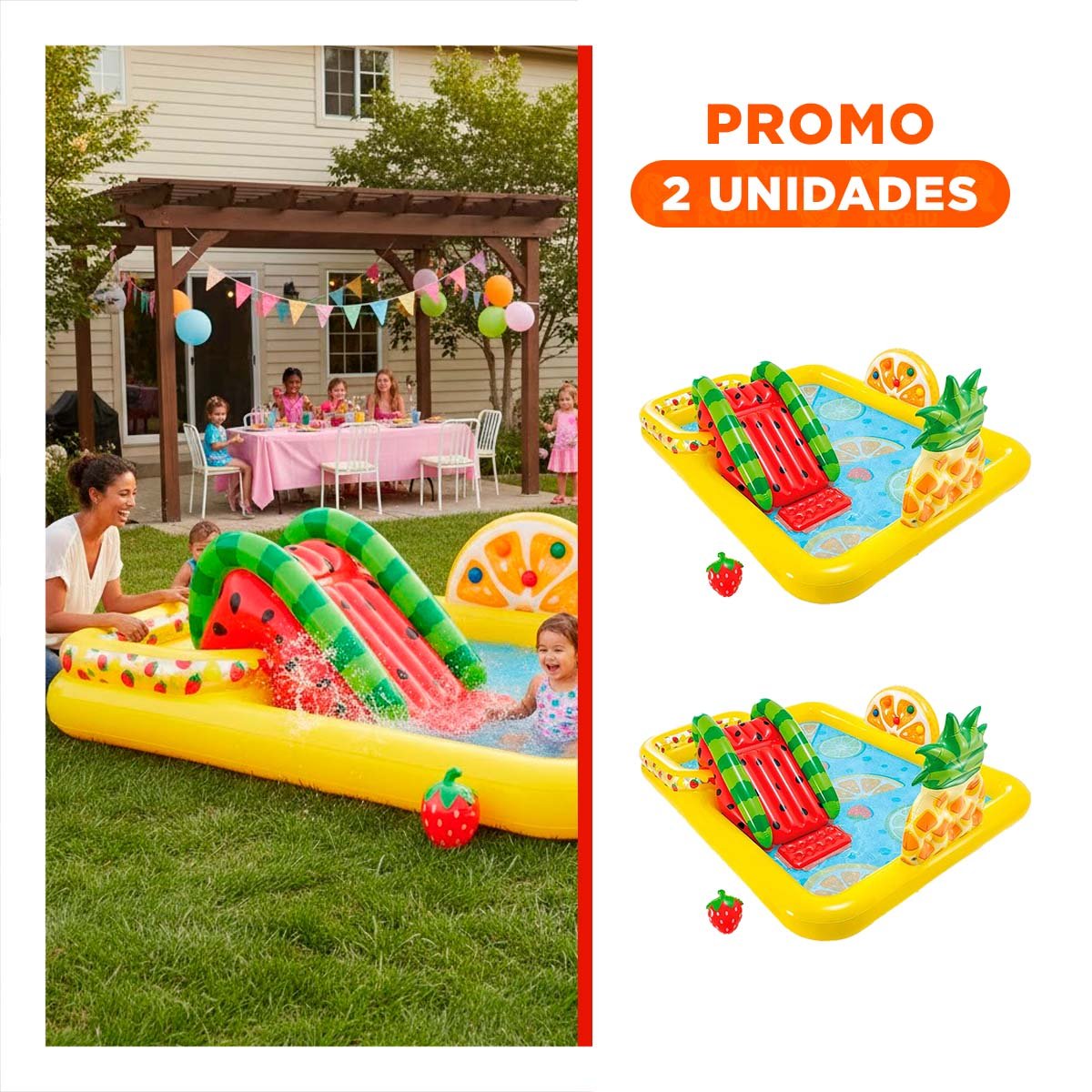 PACK2 ESPACIO INFLABLE FRUTAS CON TOBOGÁN MOD. 57158NP 91CM X 244CM X 91CM INTEX PARA JARDÍN - 1