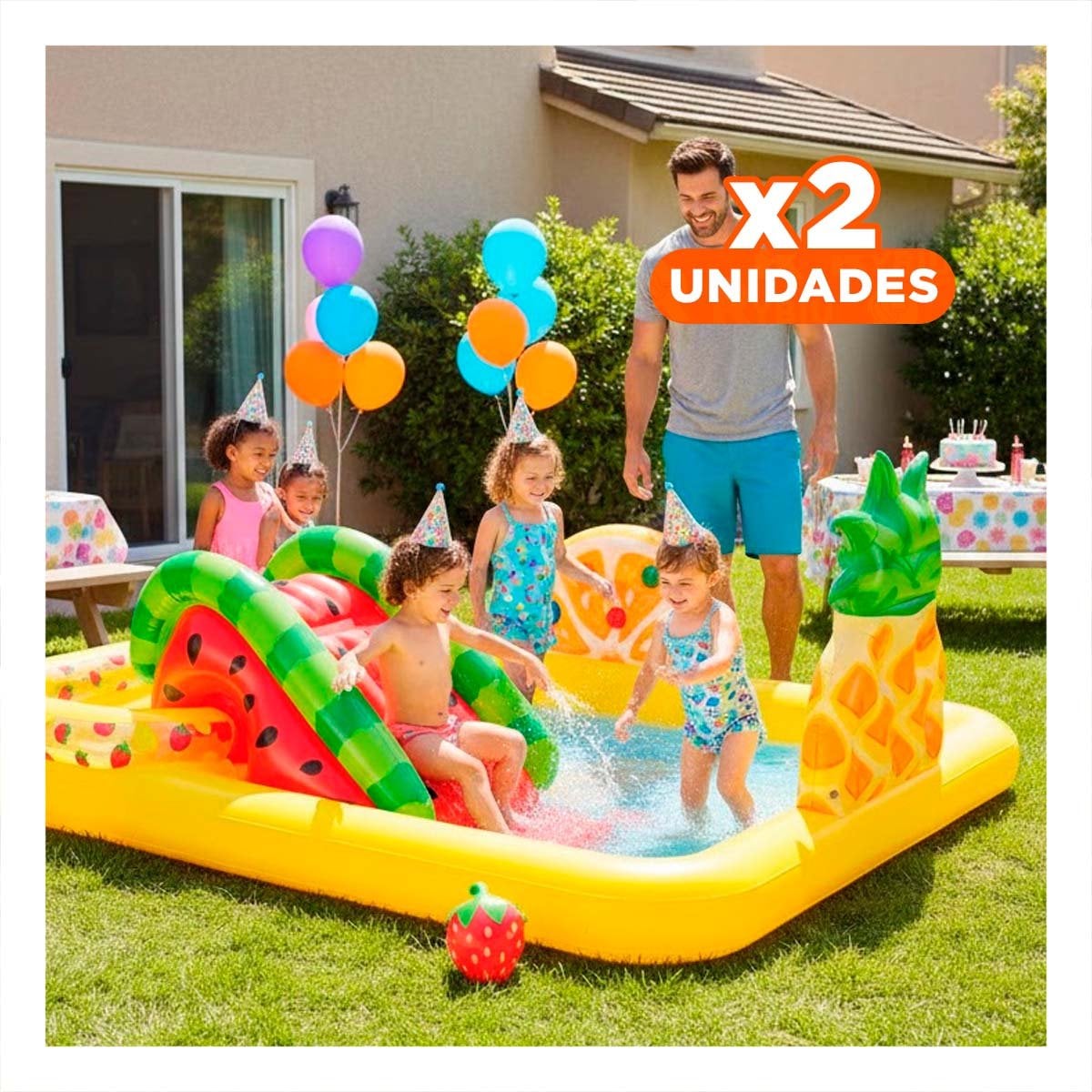 PACK2 ZONA DE JUEGO FRUTAS CON TOBOGÁN MOD. 57158NP 91CM X 244CM X 91CM INTEX Y+REGALO STICKER - 1
