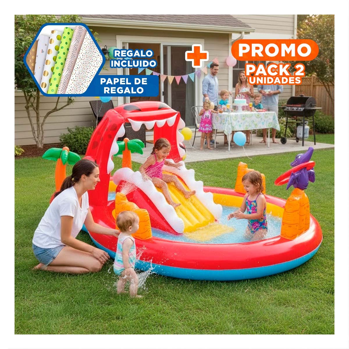 PACK2 CENTRO INFANTIL HAPPY DINO INFLABLE MOD. 57163NP 196X170X107 CM INTEX Y+PAPEL REGALO - 1