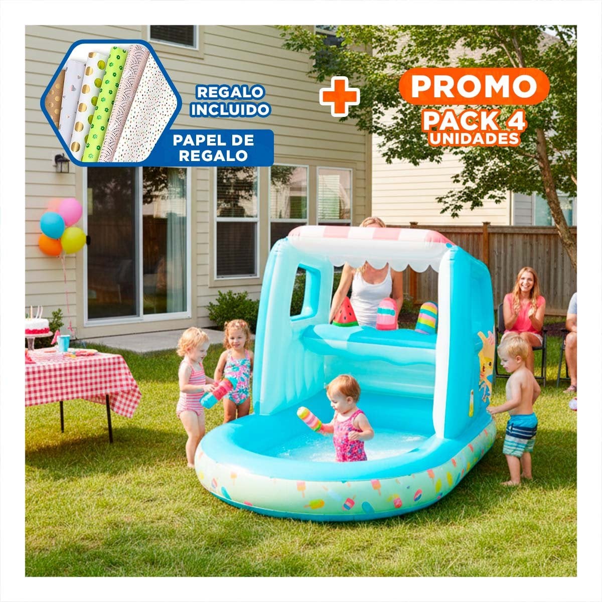 PACK4 ÁREA INFANTIL HELADERÍA INFLABLE MOD 48672NP 102X127X99 CM INTEX SEGURO Y+PAPEL REGALO - 1