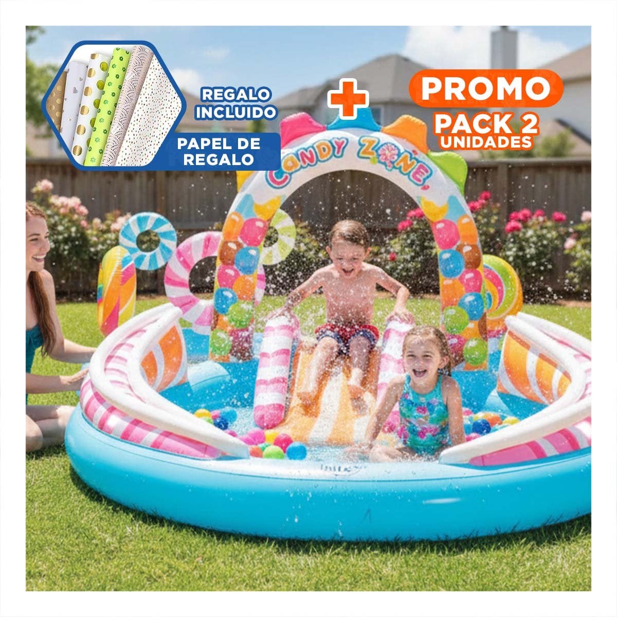 PACK2 TINA INFLABLE PARA AGUA Y DIVERSION EN CASA 295X191X130 CM MULTICOLOR Y+PAPEL REGALO - 1