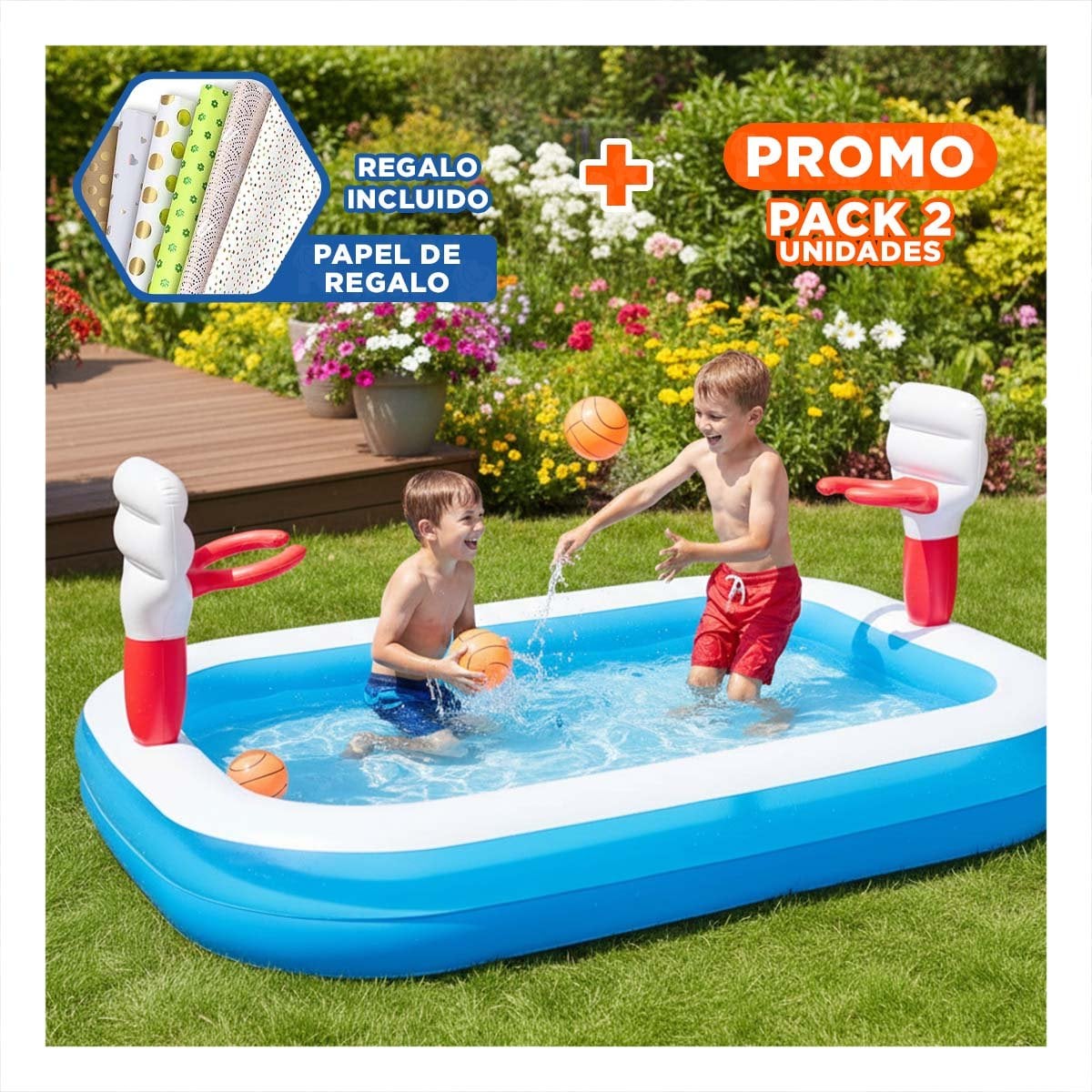 PACK2 JUEGO PORTATIL INFLABLE DE BALONCESTO CON RED Y PELOTA BESTWAY Y+PAPEL REGALO - 1