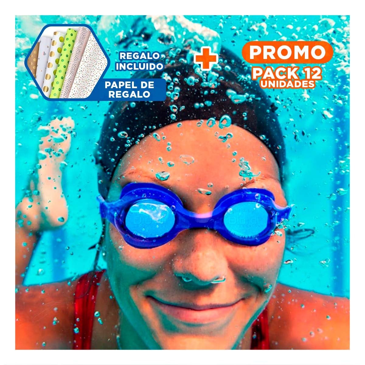 PACK12 LENTE PARA NATACION AZUL CON LENTE NITIDO Y CORREA FLEXIBLE Y+PAPEL REGALO - 1