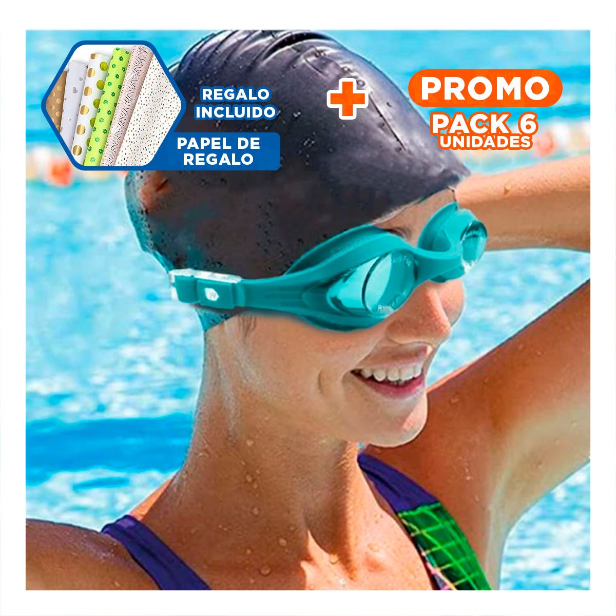 PACK6 GAFA NATACION CELESTE CON CRISTAL CLARO Y CORREA FLEXIBLE Y+PAPEL REGALO - 1