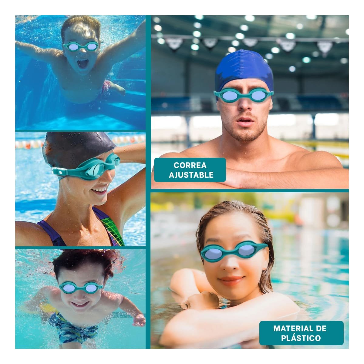 PACK6 GAFA NATACION CELESTE CON CRISTAL CLARO Y CORREA FLEXIBLE Y+PAPEL REGALO - 3