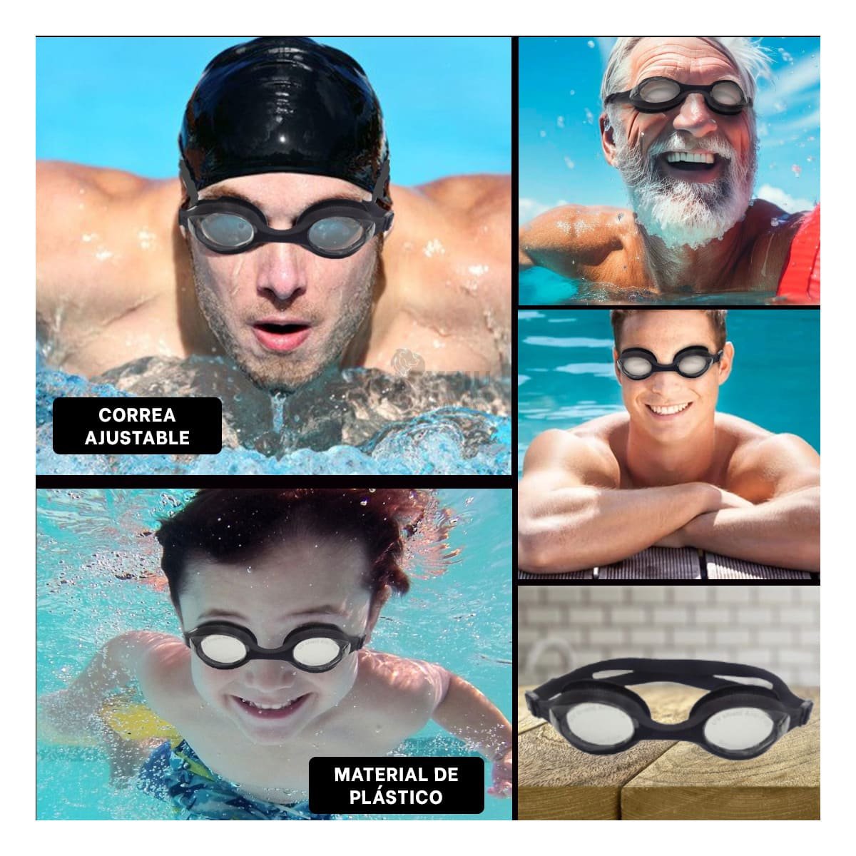 PACK4 PROTECTOR PARA NATACION NEGRO CON MARCO COMODO Y CORREA LIGERA Y+REGALO STICKER - 2